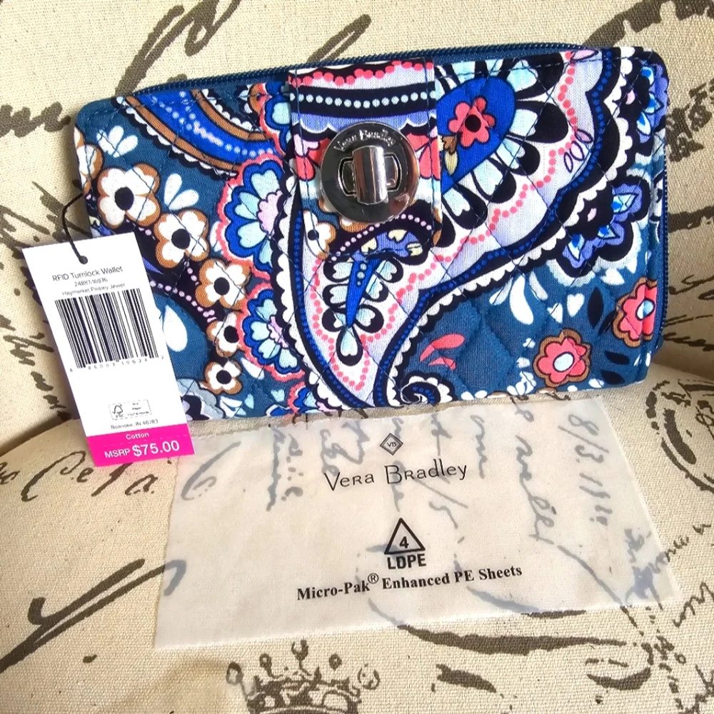 Vera Bradley RFID Protect turnlock wallet in haymarket paisley jewel design NWT - Picture 1 of 16
